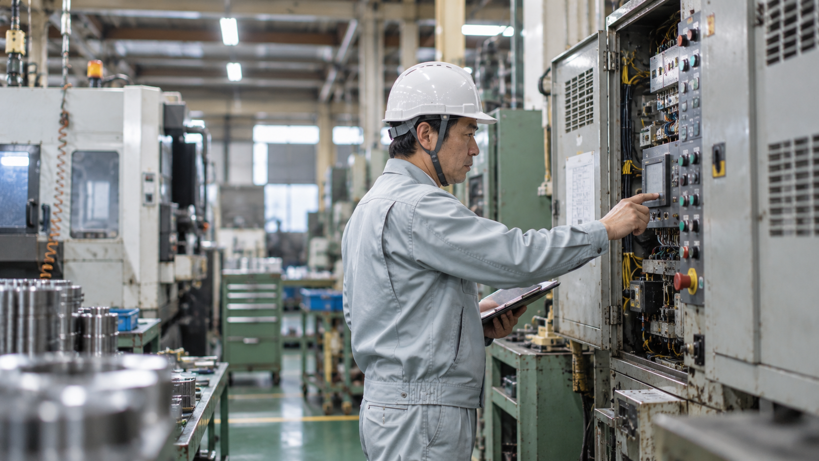 既存設備の制御盤を点検する担当者