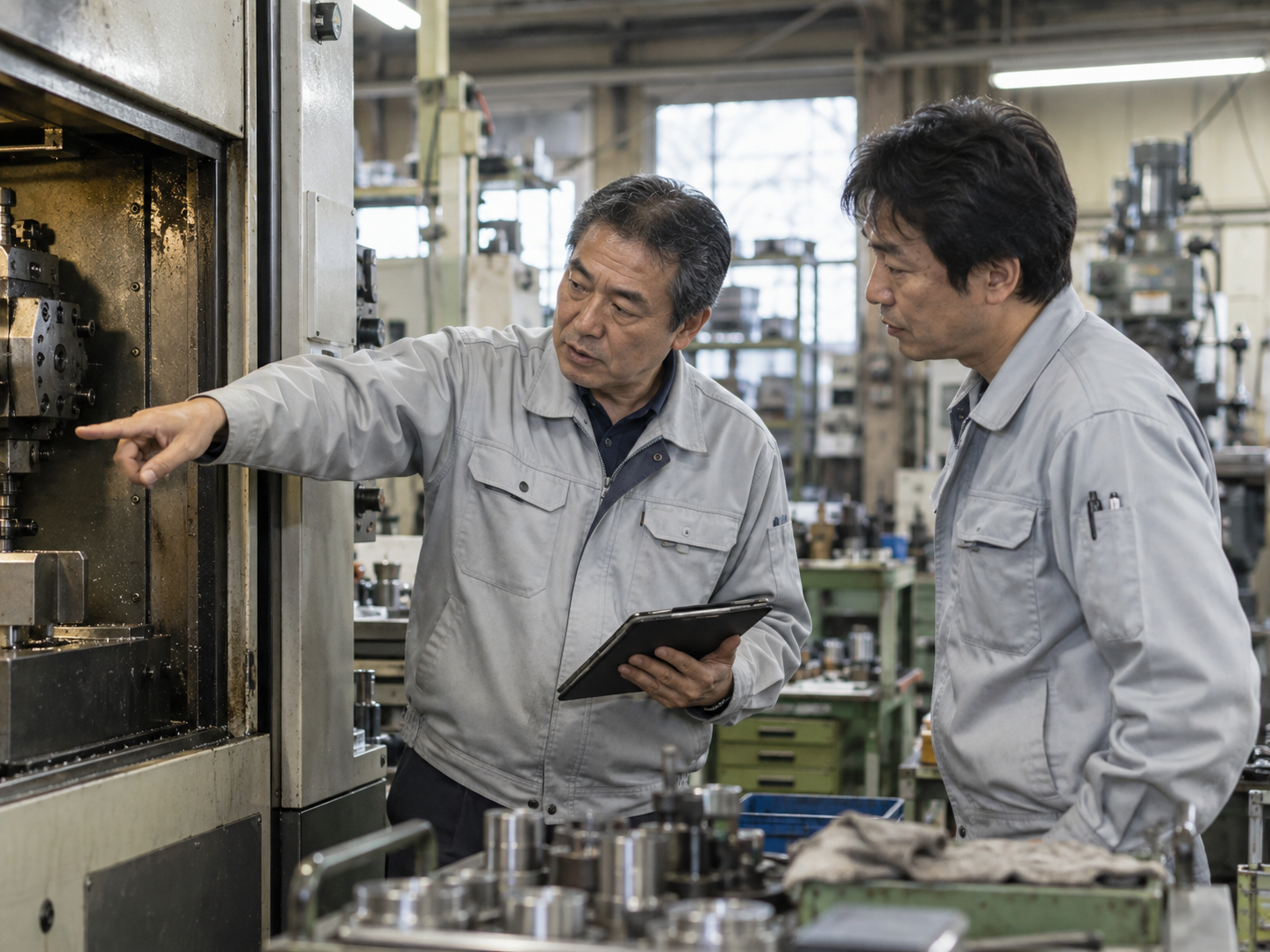 製造設備を確認しながら改善方法を話し合う担当者