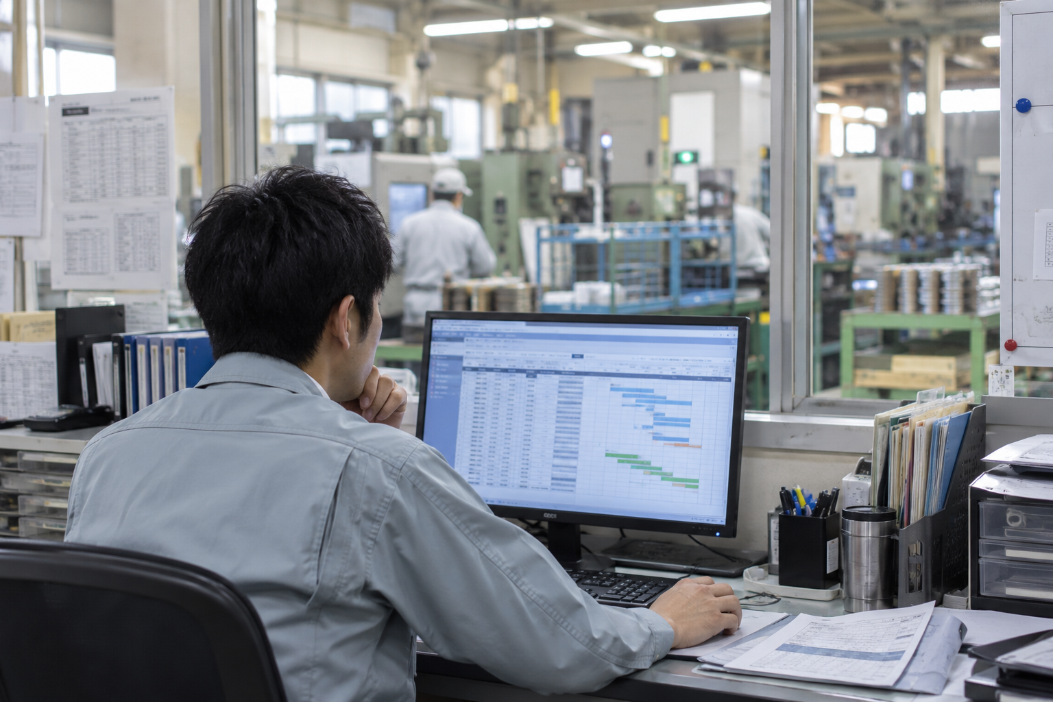 製造現場を見ながらパソコンで生産管理を行う担当者
